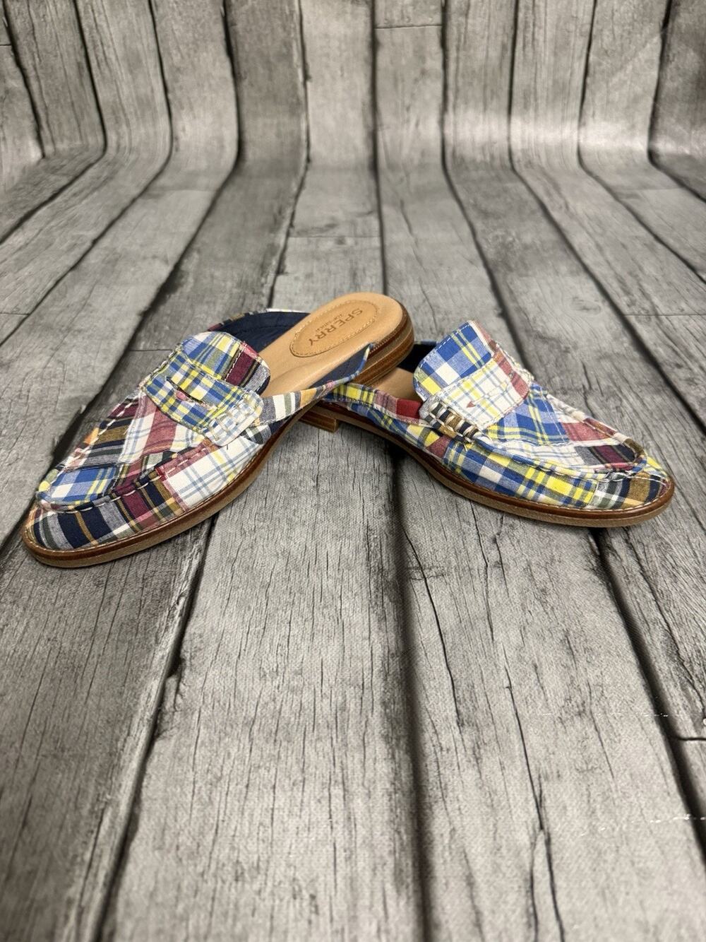 Women’s Sperry Seaport Penny Madras Mules Shoes Sz 8 Multi Color Plaid Comfort